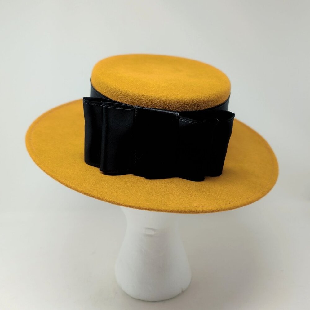 Vintage Bollman Mustard Yellow Felt Hat Stiff Black Ribbon